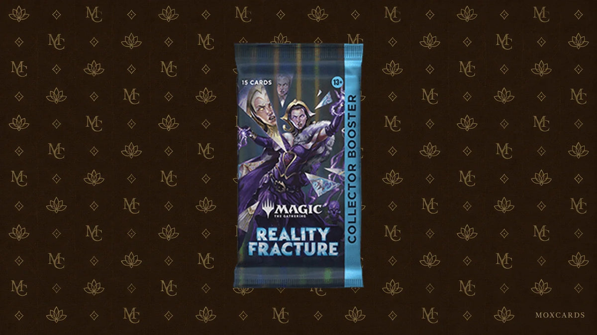 Official Reality Fracture Collector Booster on a Moxcards background; illustration, without any guarantee of pack contents. Booster collector officiel Réalité fracturée sur fond Moxcards ; illustration, sans garantie sur les cartes contenues.
