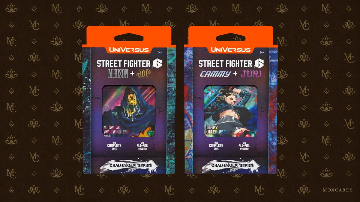 Official UniVersus Street Fighter 6 Challenger Series 2 decks: M. Bison + JP and Cammy + Juri. Decks officiels UniVersus Street Fighter 6 Challenger Series 2 : M. Bison + JP et Cammy + Juri.