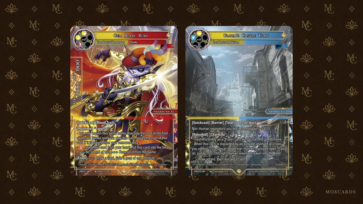 Official Force of Will CPB-001 Gem Blade Ruby and CPB-002 Gloria’s Castle Town cards. Cartes officielles Force of Will CPB-001 Gem Blade Ruby et CPB-002 Gloria’s Castle Town.