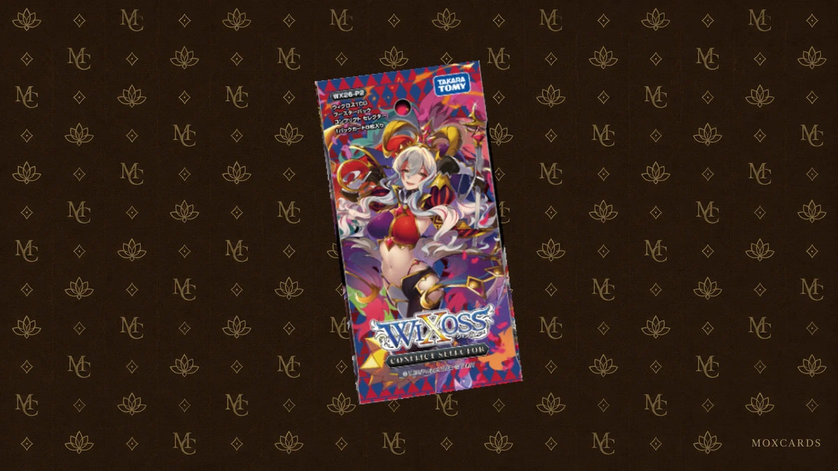 Official Japanese WIXOSS Conflict Selector WX26-P2 booster, isolated from Takara Tomy’s product image. Moxcards background. Booster japonais officiel WIXOSS Conflict Selector WX26-P2, détouré du visuel produit de Takara Tomy. Fond Moxcards.