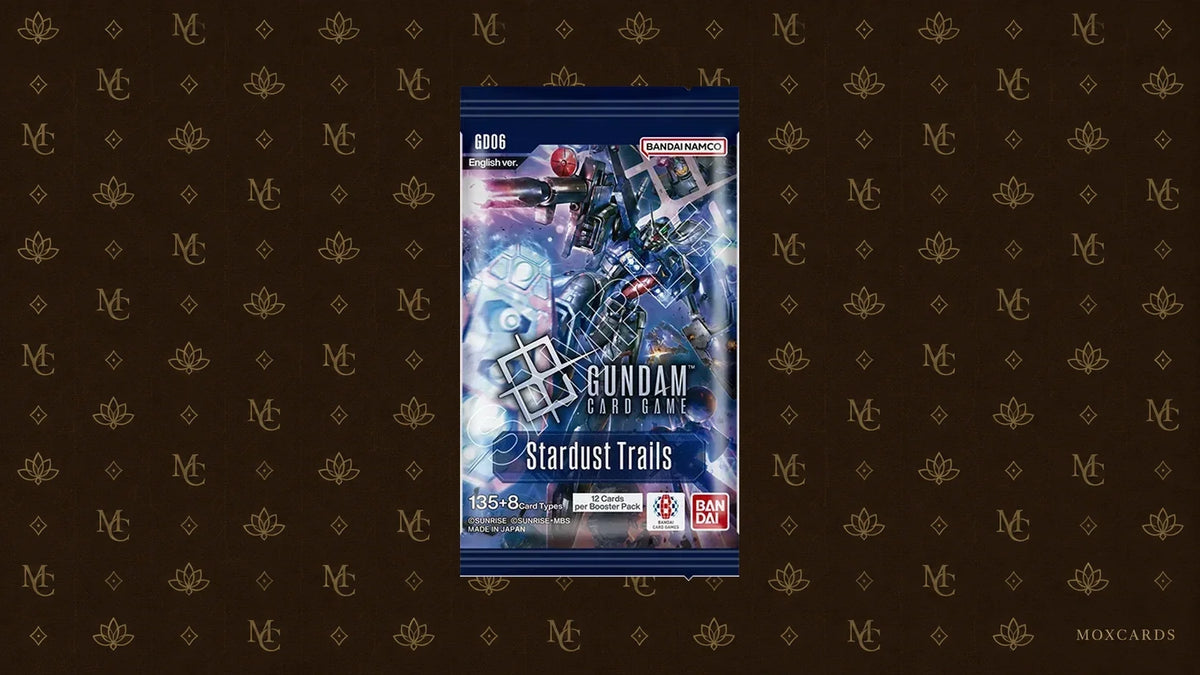 Official Gundam Stardust Trails GD06 booster on a Moxcards background. Booster officiel Gundam Stardust Trails GD06 sur fond Moxcards.