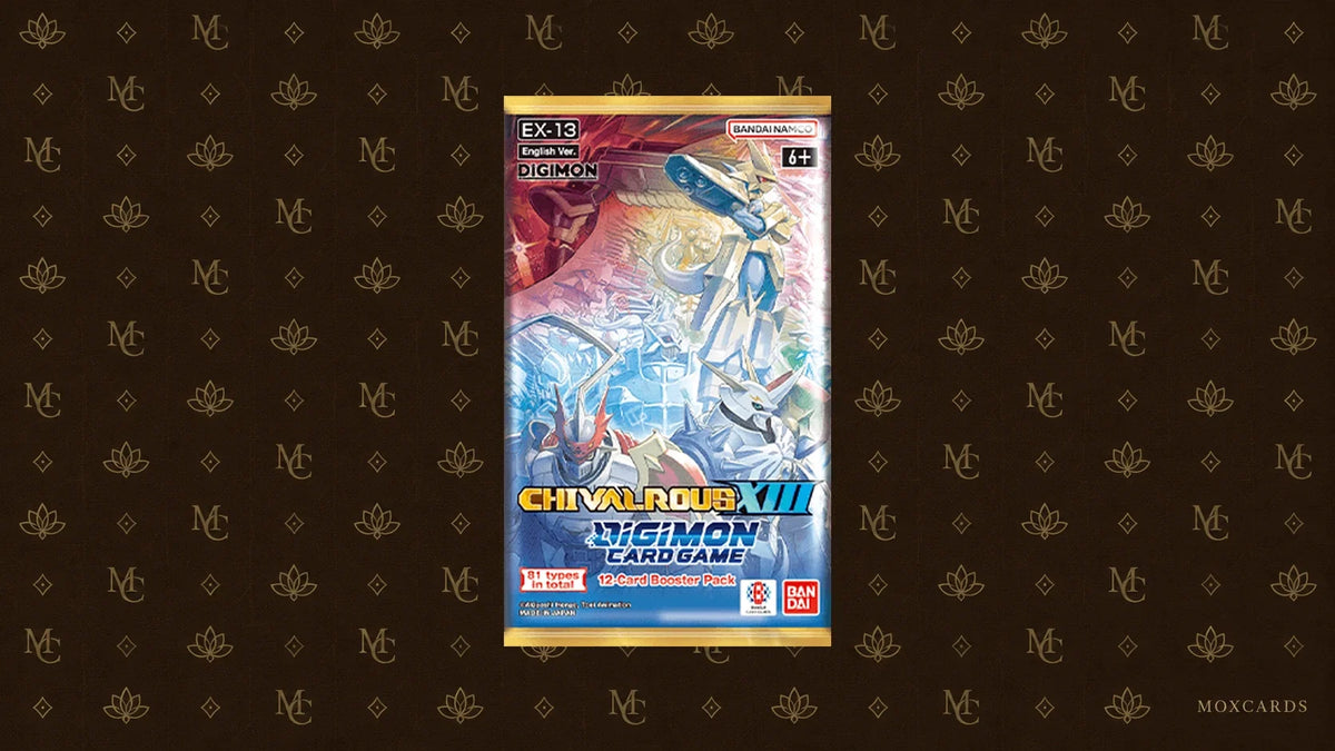 Official Digimon EX13 Chivalrous XIII booster. Moxcards background. Booster officiel Digimon EX13 Chivalrous XIII. Fond Moxcards.