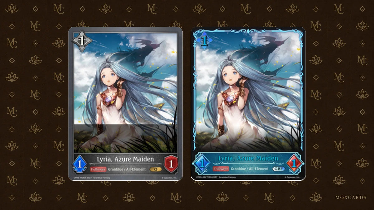 Shadowverse Evolve Granblue Fantasy CP05 Lyria, Azure Maiden cards, normal and GBF rarities. Cartes Shadowverse Evolve Granblue Fantasy CP05 Lyria, Azure Maiden, raretés normale et GBF.