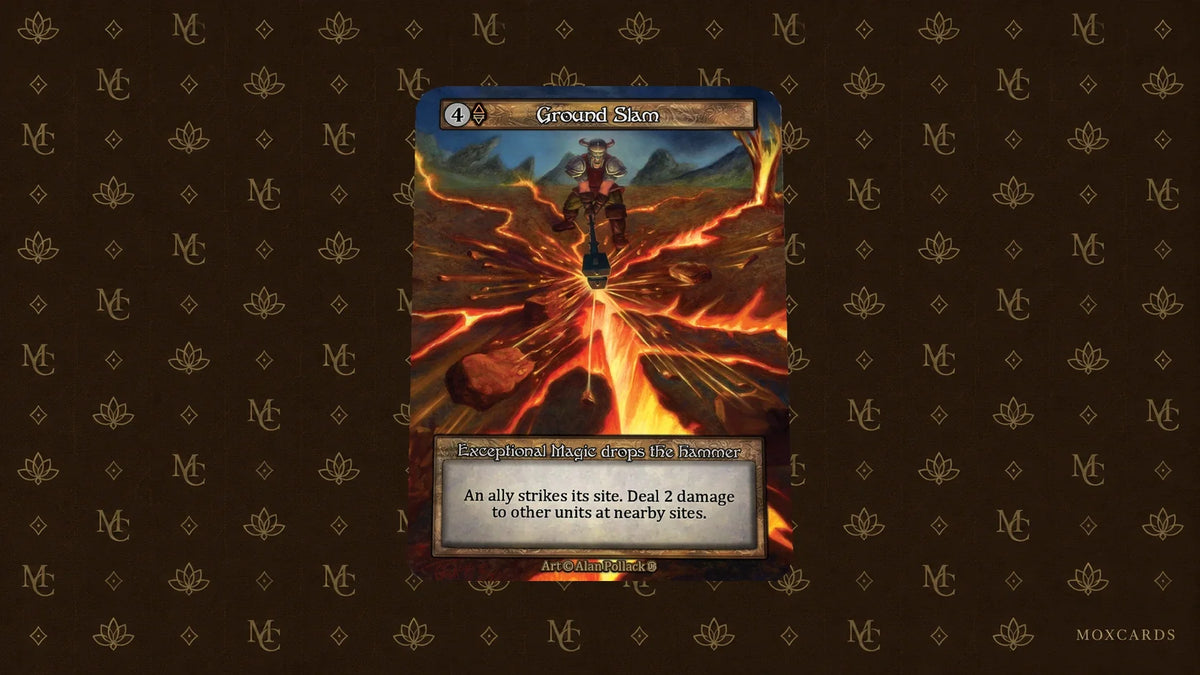 Official Ground Slam card from Sorcery: Contested Realm on a Moxcards background, artwork by Alan Pollack. Visuel officiel de la carte Ground Slam de Sorcery: Contested Realm sur fond Moxcards, illustration d’Alan Pollack.