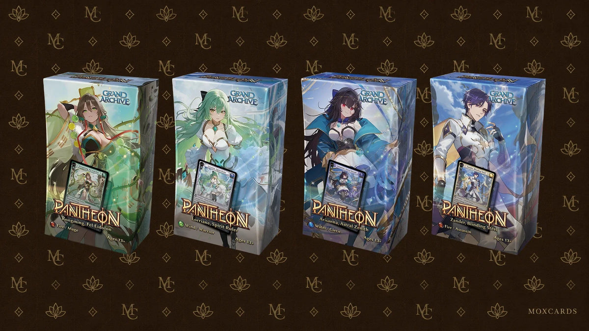 Four official Grand Archive Pantheon decks: Kongming, Lorraine, Arisanna and Zander. Quatre decks officiels Grand Archive Pantheon : Kongming, Lorraine, Arisanna et Zander.