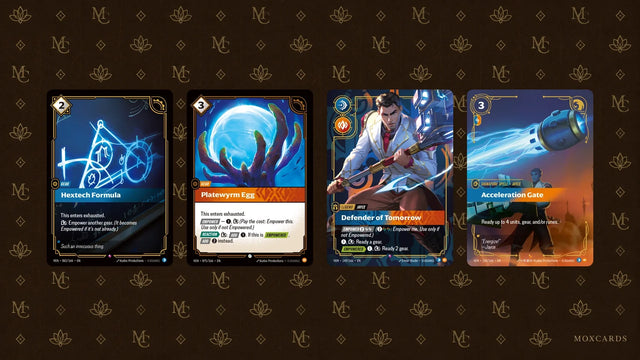 Official Riftbound VEN062, VEN075, VEN149 and VEN150 cards: Hextech Formula, Platewyrm Egg, Jayce and Acceleration Gate. Cartes officielles Riftbound VEN062, VEN075, VEN149 et VEN150 : Hextech Formula, Platewyrm Egg, Jayce et Acceleration Gate.