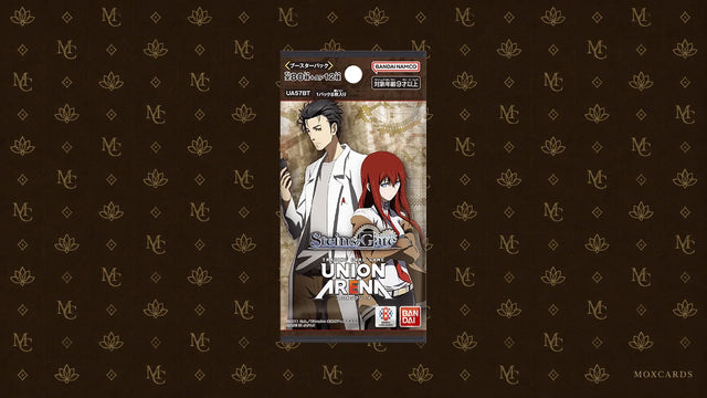 Official Japanese UNION ARENA Steins;Gate UA57BT booster on a Moxcards background. Booster japonais officiel UNION ARENA Steins;Gate UA57BT sur fond Moxcards.