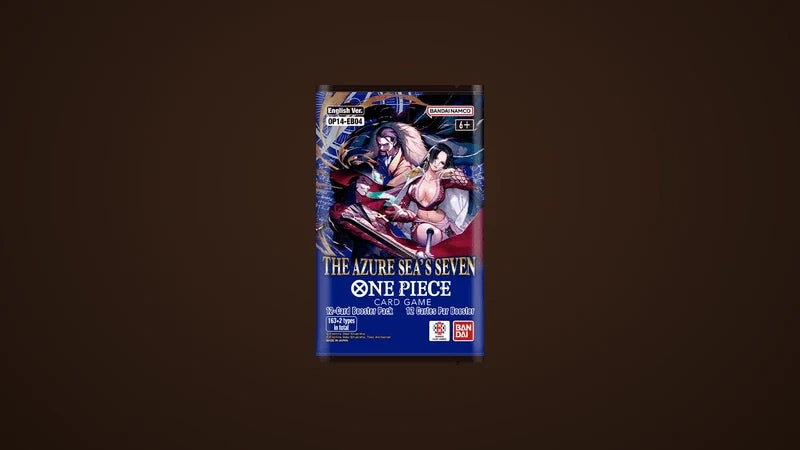 Booster One Piece The Azure Sea’s Seven, illustration de la gamme ; aucune carte interdite représentée. / One Piece The Azure Sea’s Seven booster illustrating the range; no banned card depicted.