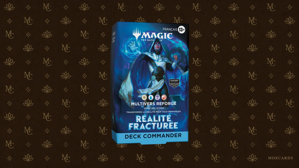 Official Multiverse Reforged Reality Fracture Commander deck on a Moxcards background. Deck Commander officiel Multivers reforgé de Réalité fracturée sur fond Moxcards.