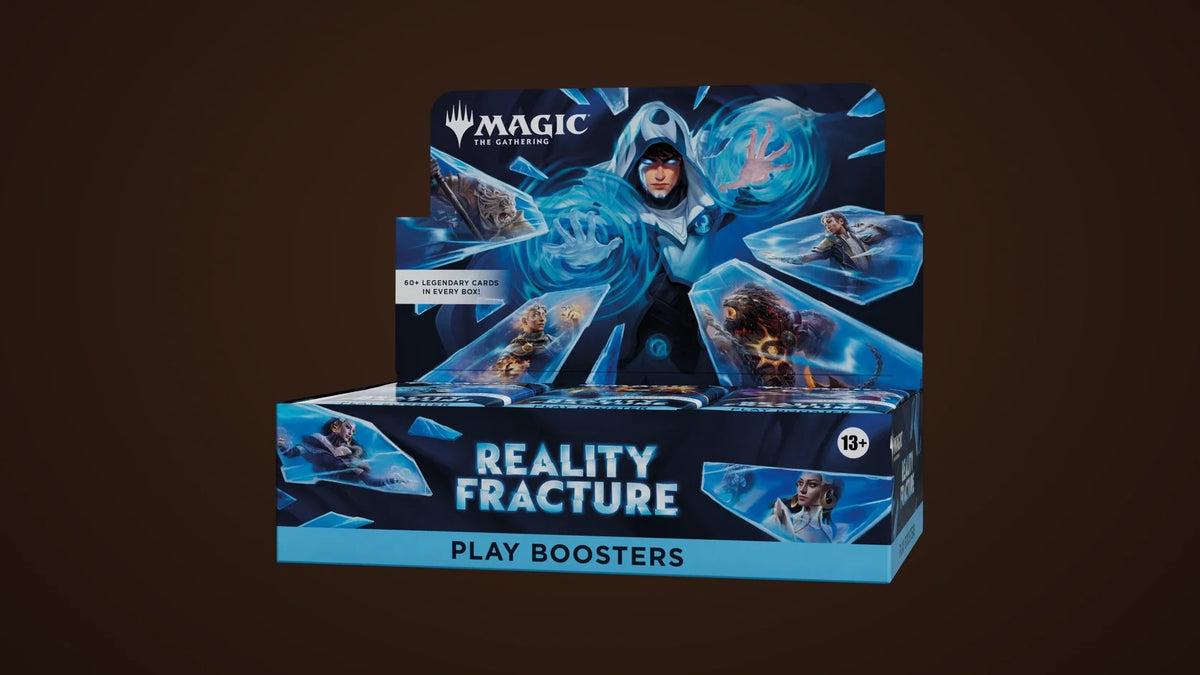 Boîte officielle de boosters de jeu Réalité fracturée sur fond brun. / Official Reality Fracture Play Booster box on a brown background.
