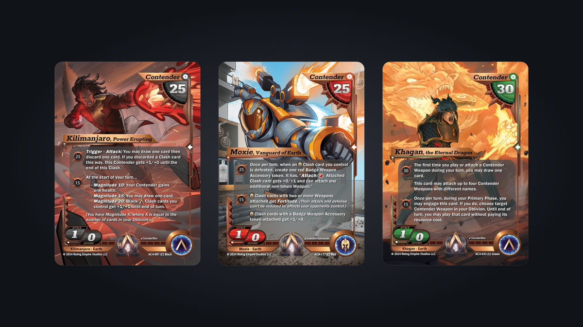 Cartes Alpha Clash illustrant le format Dominion 3v3. / Alpha Clash cards illustrating the Dominion 3v3 format.