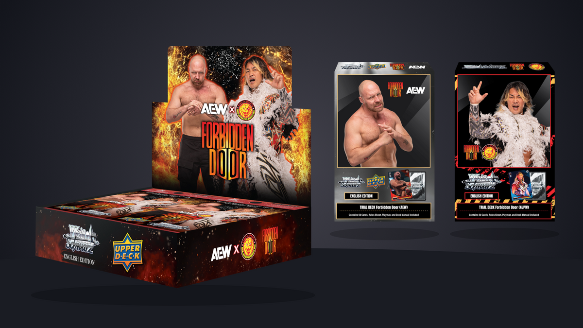 Forbidden Door : display et Trial Decks AEW/NJPW officiels, édition anglaise. / Official English booster display and AEW/NJPW Trial Decks.