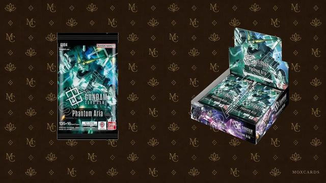Official English Phantom Aria booster pack and Japanese booster box on the MoxCards brown-and-gold background