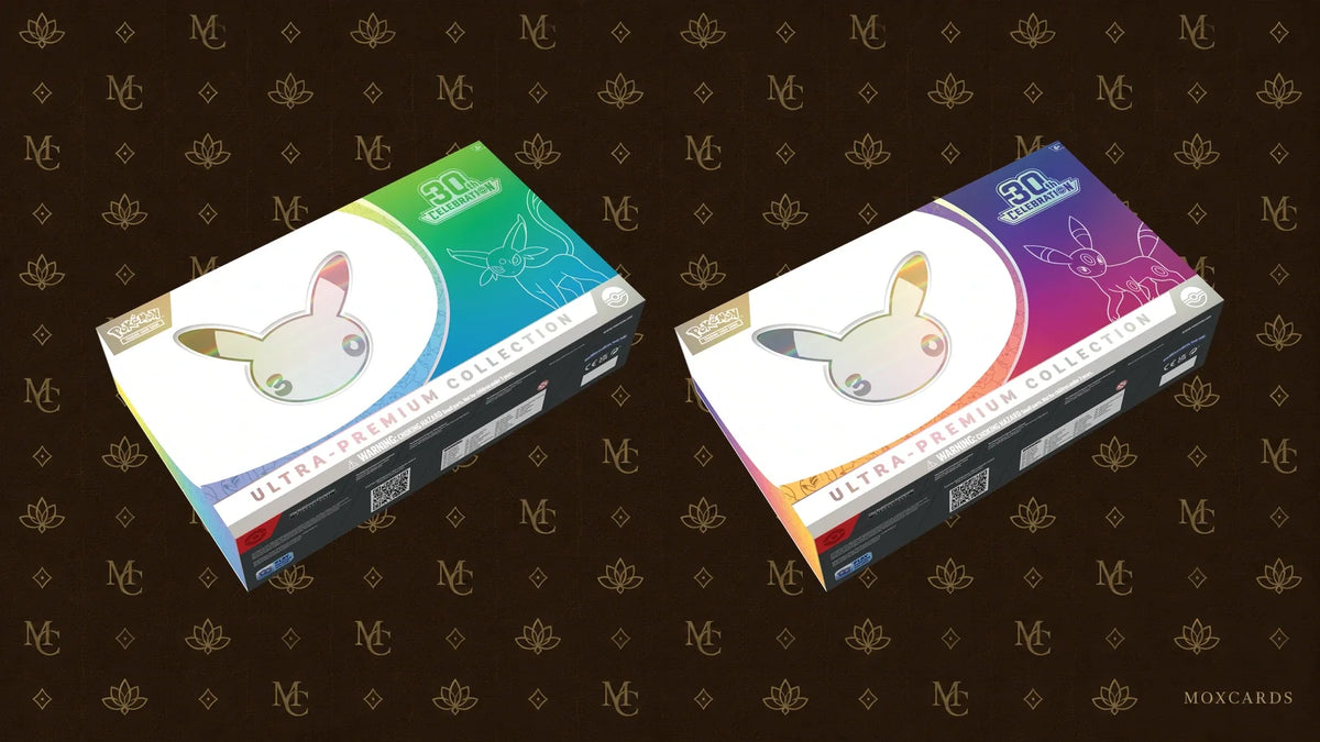 Official Pokémon 30th Celebration Day and Night Ultra-Premium Collection boxes on a Moxcards background. Coffrets Ultra-Premium officiels Pokémon 30th Celebration Journée et Soirée sur fond Moxcards.