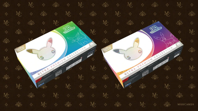 Official Pokémon 30th Celebration Day and Night Ultra-Premium Collection boxes on a Moxcards background. Coffrets Ultra-Premium officiels Pokémon 30th Celebration Journée et Soirée sur fond Moxcards.