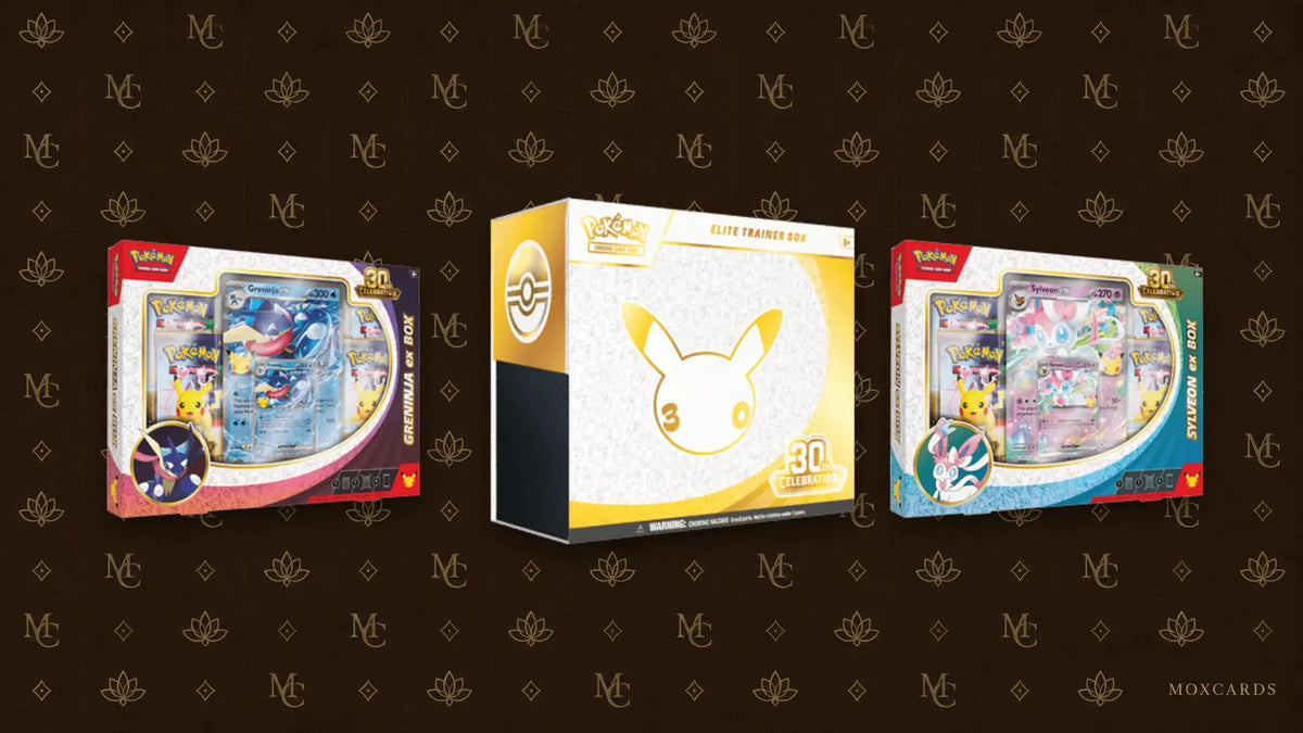 Official Pokémon 30th Celebration Elite Trainer Box, Greninja ex Box and Sylveon ex Box on the MoxCards brown-and-gold background