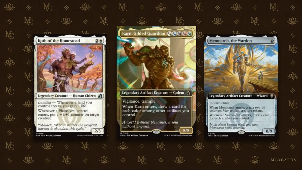 Official French Reality Fracture cards Koth of the Homestead, Karn Gilded Guardian and Memnarch the Warden on the MoxCards brown-and-gold background