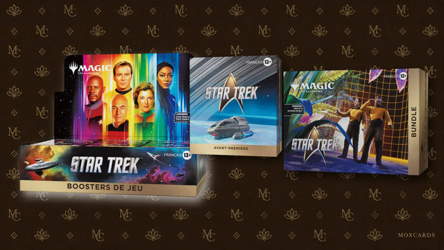 Official French Magic: The Gathering | Star Trek Play Booster Display, Prerelease Pack and Bundle on the MoxCards background. Produits officiels français Magic: The Gathering | Star Trek sur fond MoxCards.