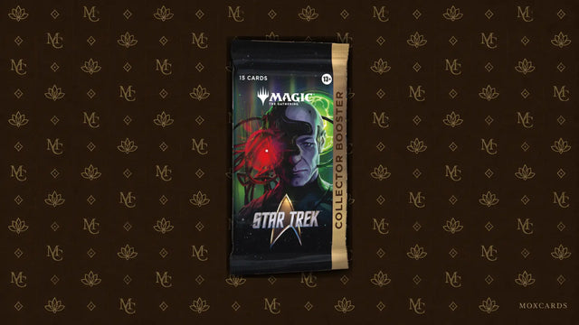 Magic: The Gathering Star Trek Collector Booster on the official MoxCards brown-and-gold background