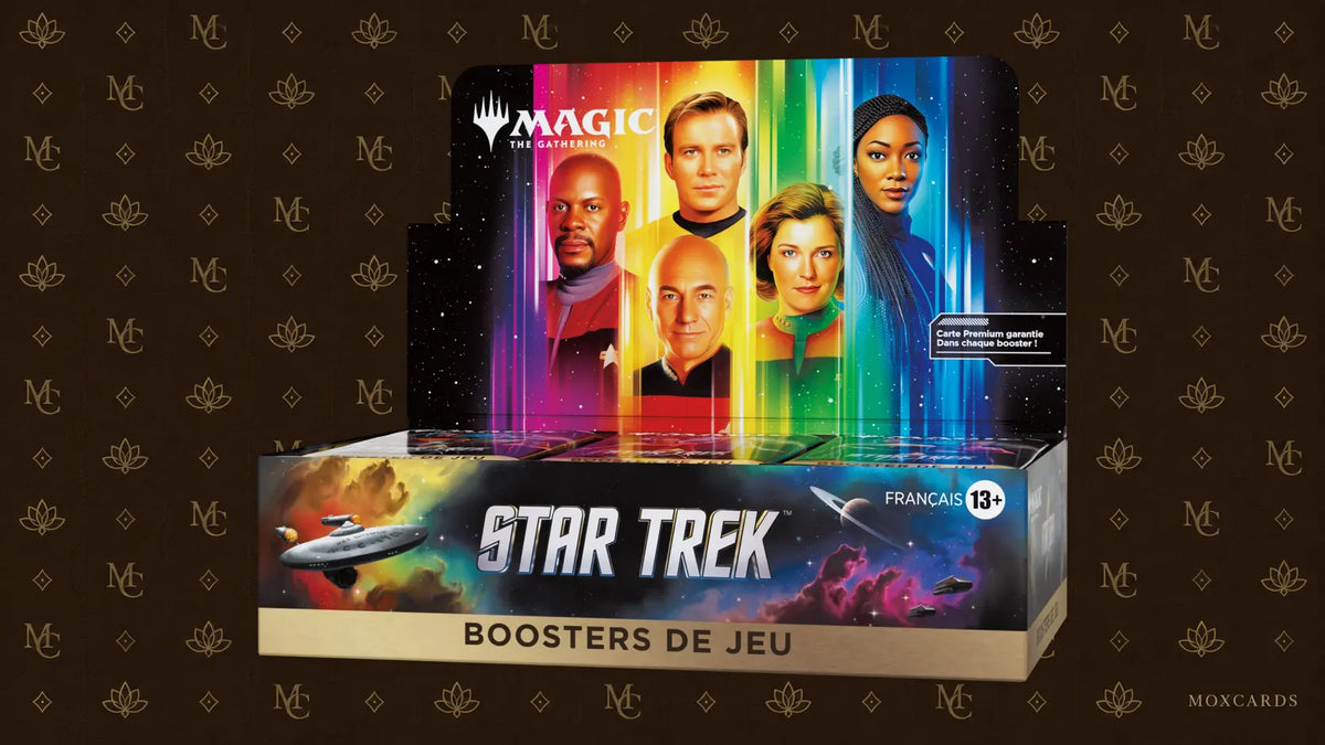 Magic: The Gathering Star Trek French Play Booster Display on the MoxCards brown-and-gold background