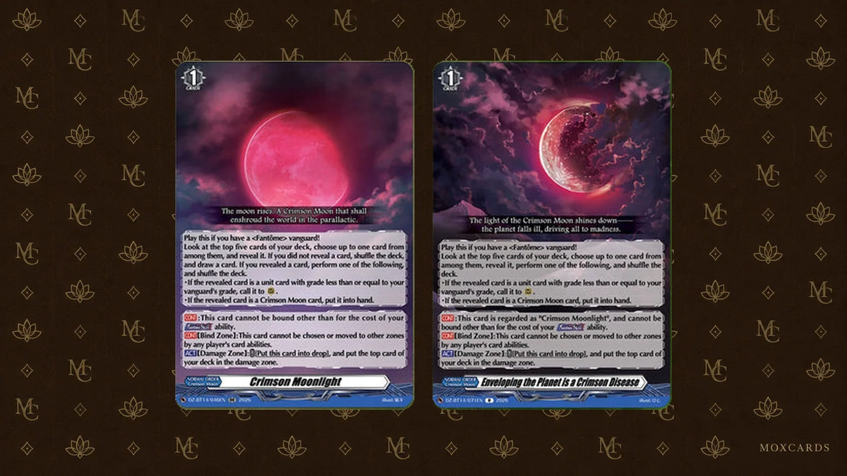 English Parallactic Dawn cards: Crimson Moonlight and Enveloping the Planet is a Crimson Disease, Bushiroad image. Cartes anglaises Parallactic Dawn : Crimson Moonlight et Enveloping the Planet is a Crimson Disease, visuel Bushiroad.