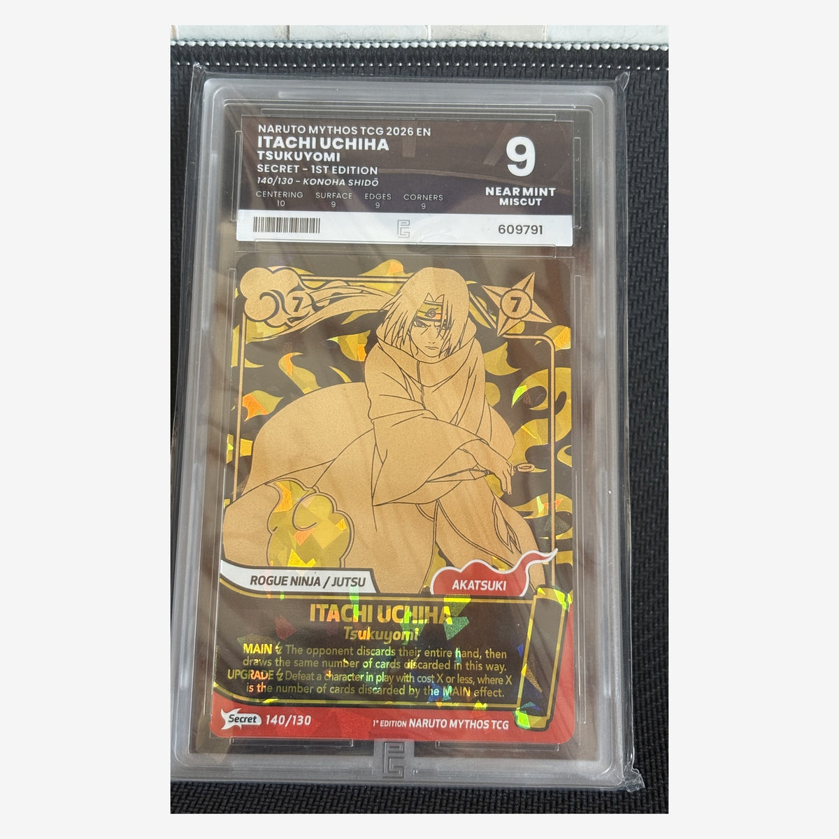 Itachi Uchiha Tsukuyomi 140/130 Secret 1st Edition — Pure Grading 9 Miscut — carte réelle