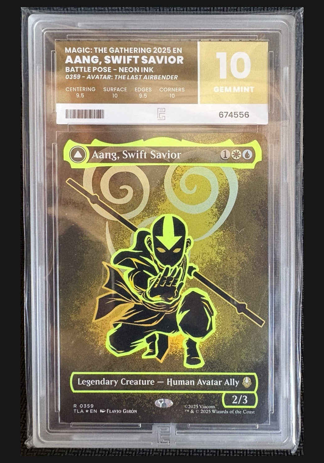 Aang, Swift Savior, TLA 0359 Battle Pose Neon Ink, English, Pure Grading 10 GEM MINT, certificate 674556 — actual graded card, full holder in portrait framing