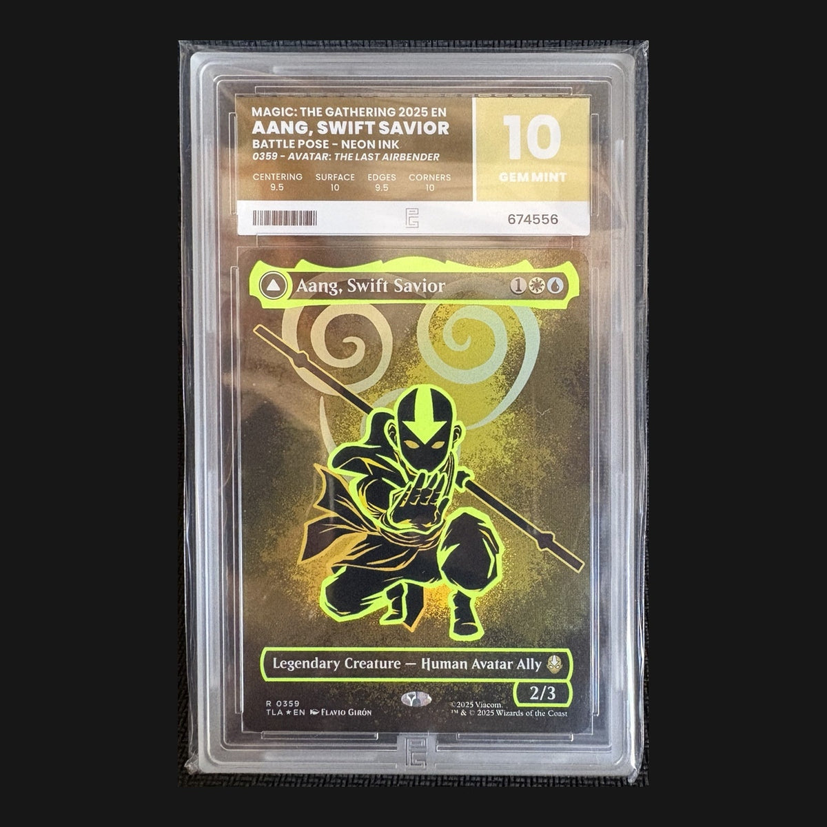 Aang, Swift Savior, TLA 0359 Battle Pose Neon Ink, English, Pure Grading 10 GEM MINT, certificate 674556 — actual graded card