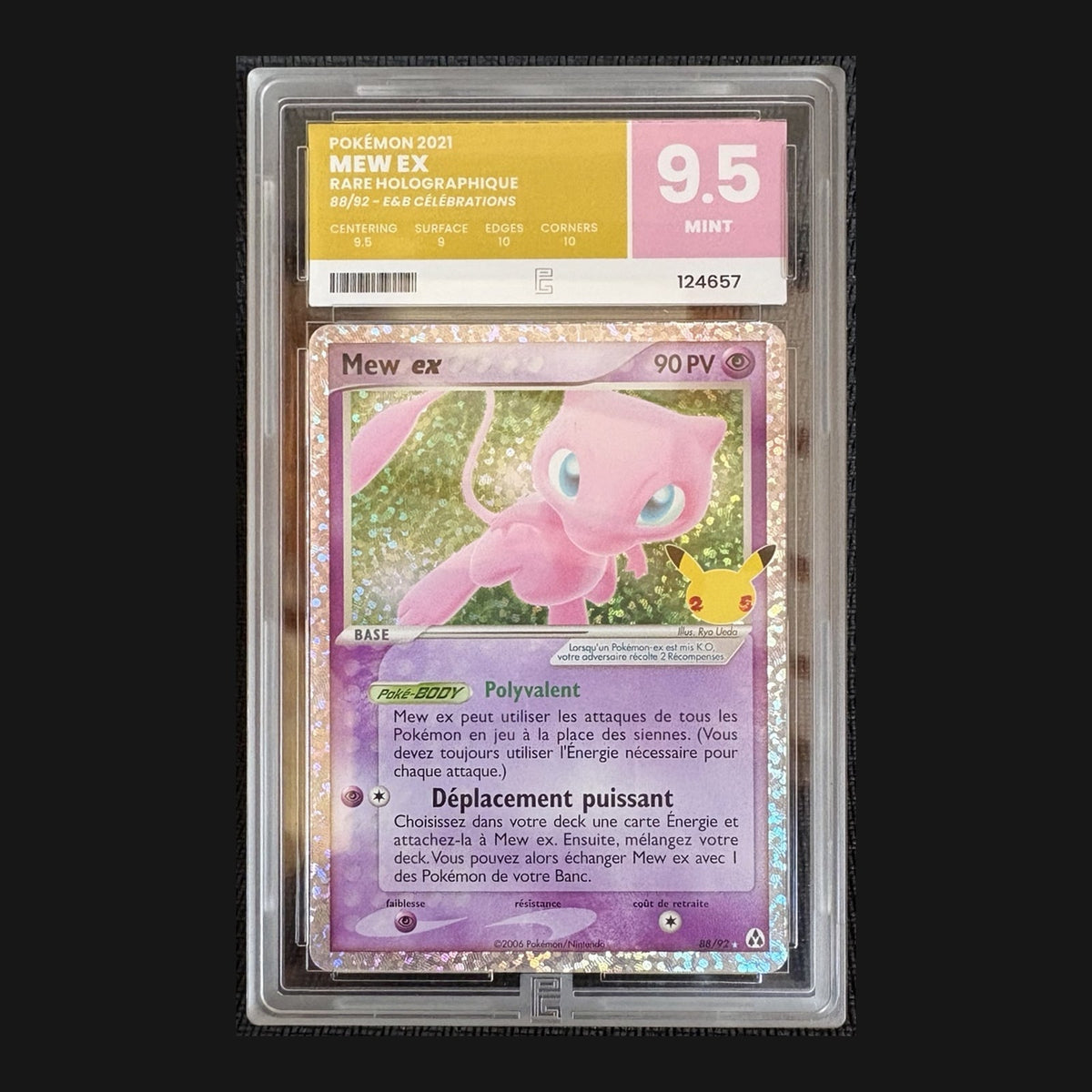 Mew ex 88/92 Celebrations 25th anniversary, French, Pure Grading 9.5 MINT, certificate 124657 — actual graded card