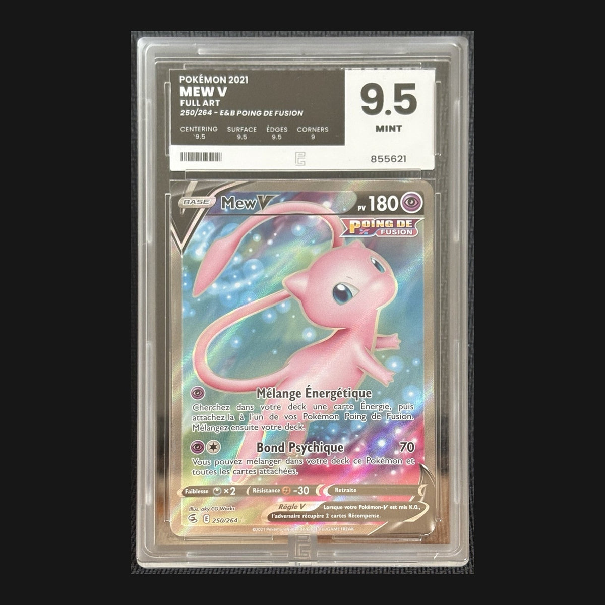 Mew V 250/264 Full Art, French, Pure Grading 9.5 MINT, certificate 855621 — actual graded card