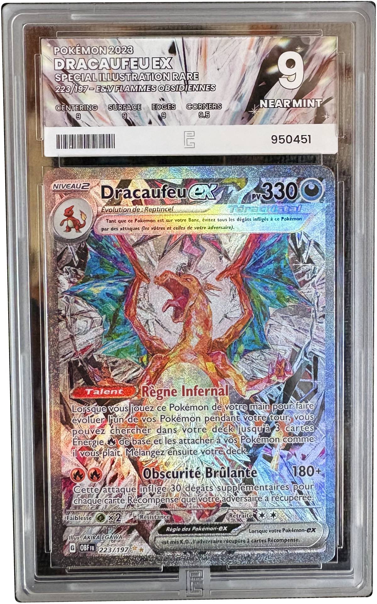 [PG9] Charizard ex — 223/197 SIR — Obsidian Flames — FR — photo réelle, contour du boîtier détouré, fond transparent.