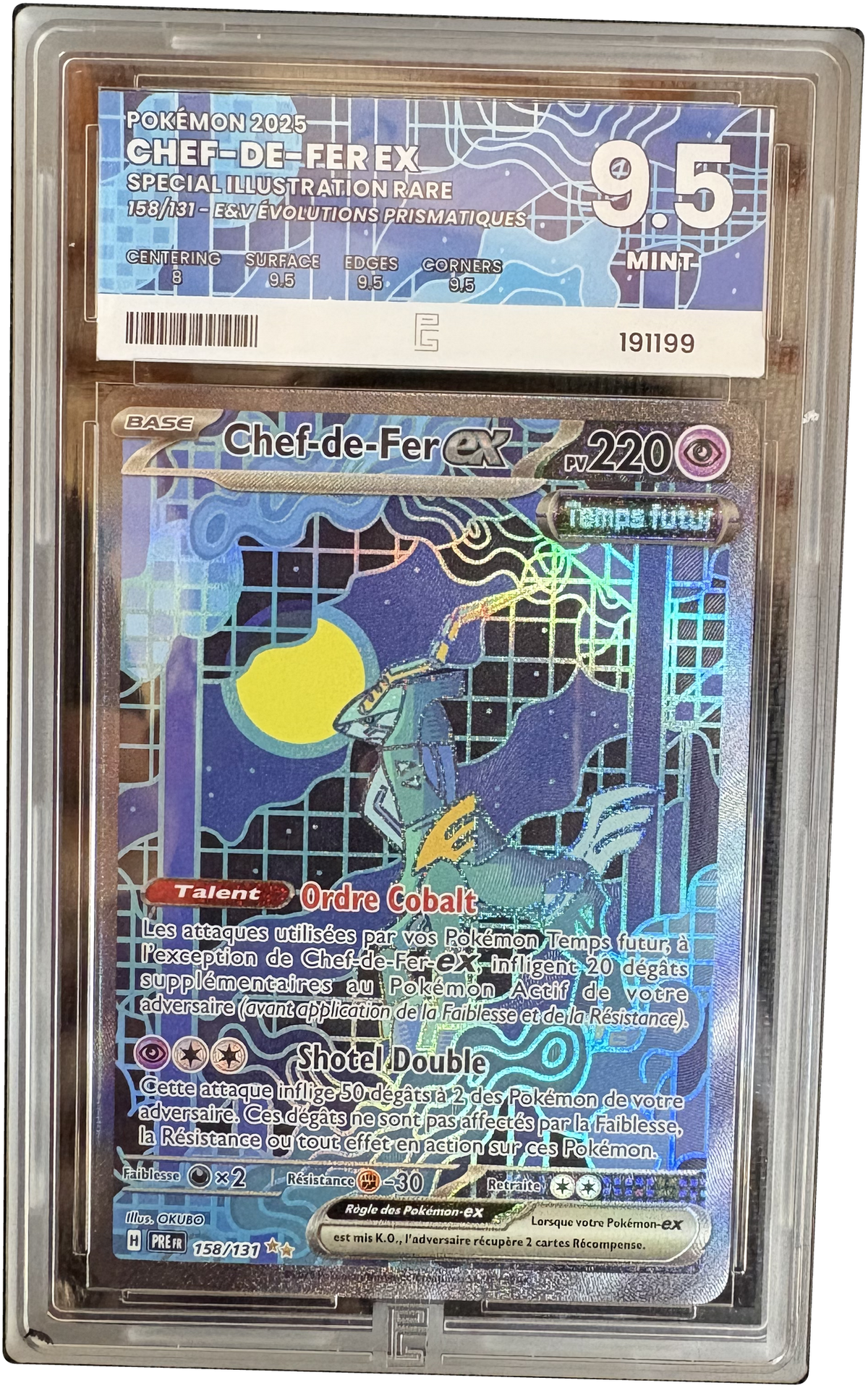 [PG9.5] Iron Crown ex — 158/131 SIR — Prismatic Evolutions — FR — photo réelle, contour du boîtier détouré, fond transparent.