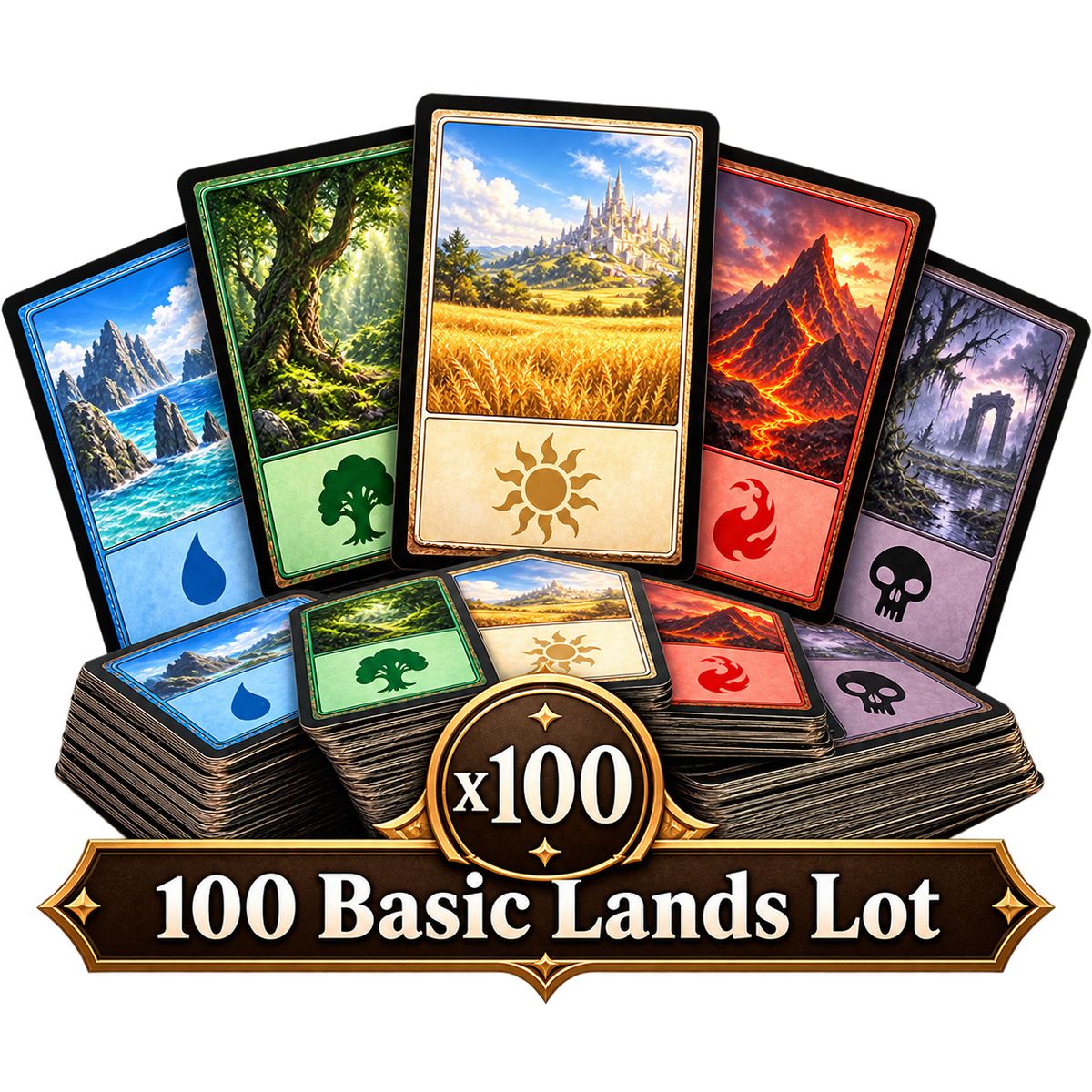 100 Basic Lands Lot — illustration on a transparent background