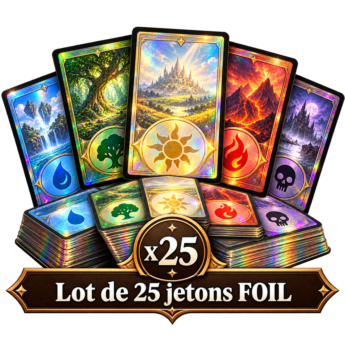 Lot de 25 jetons FOIL — illustration sur fond transparent