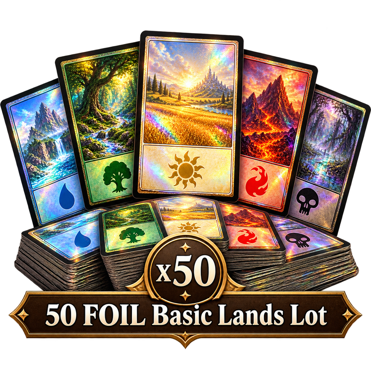 50 FOIL Basic Lands Lot — illustration on a transparent background