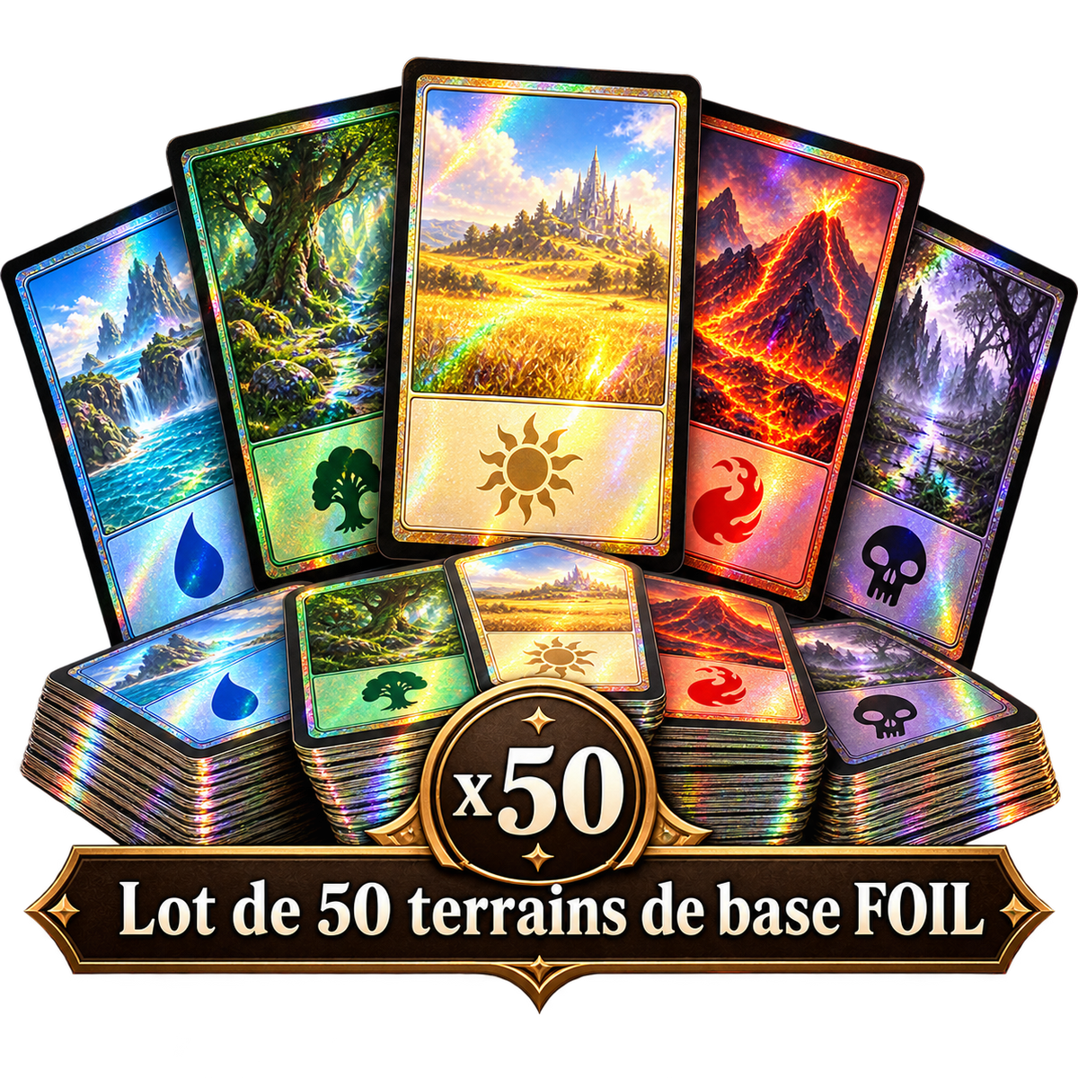Lot de 50 terrains de base FOIL — illustration sur fond transparent