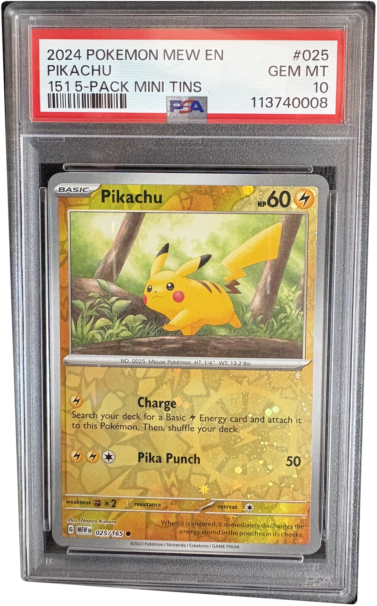 [PSA10] Pikachu — 025/165 — 151 5-Pack Mini Tins — EN — photo réelle, contour du boîtier détouré, fond transparent.