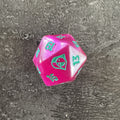 Dé Spindown D20 géant du Bundle Magic Réalité fracturée, rose à chiffres turquoise — photo réelle. / Magic Reality Fracture Bundle oversized Spindown D20 — actual photo.