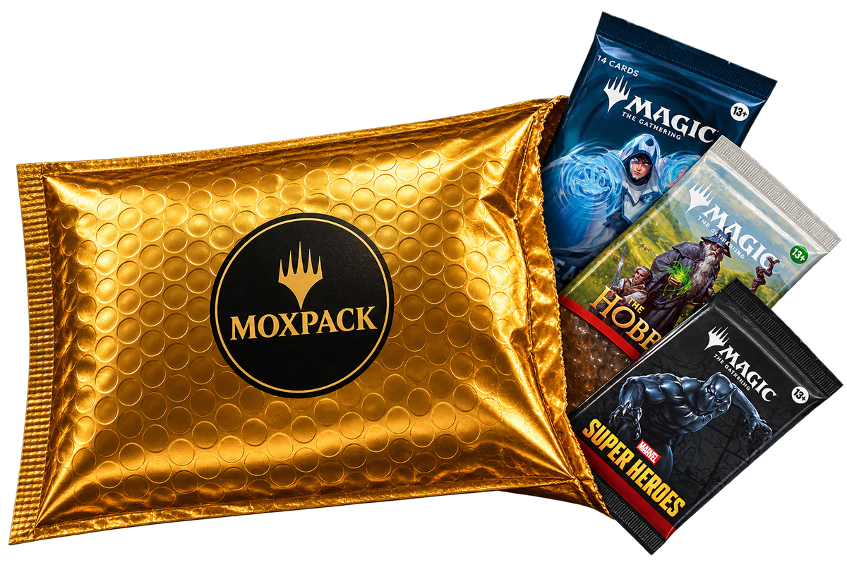 Moxpack — enveloppe à bulles dorée avec exemples de boosters Magic, contenu variable