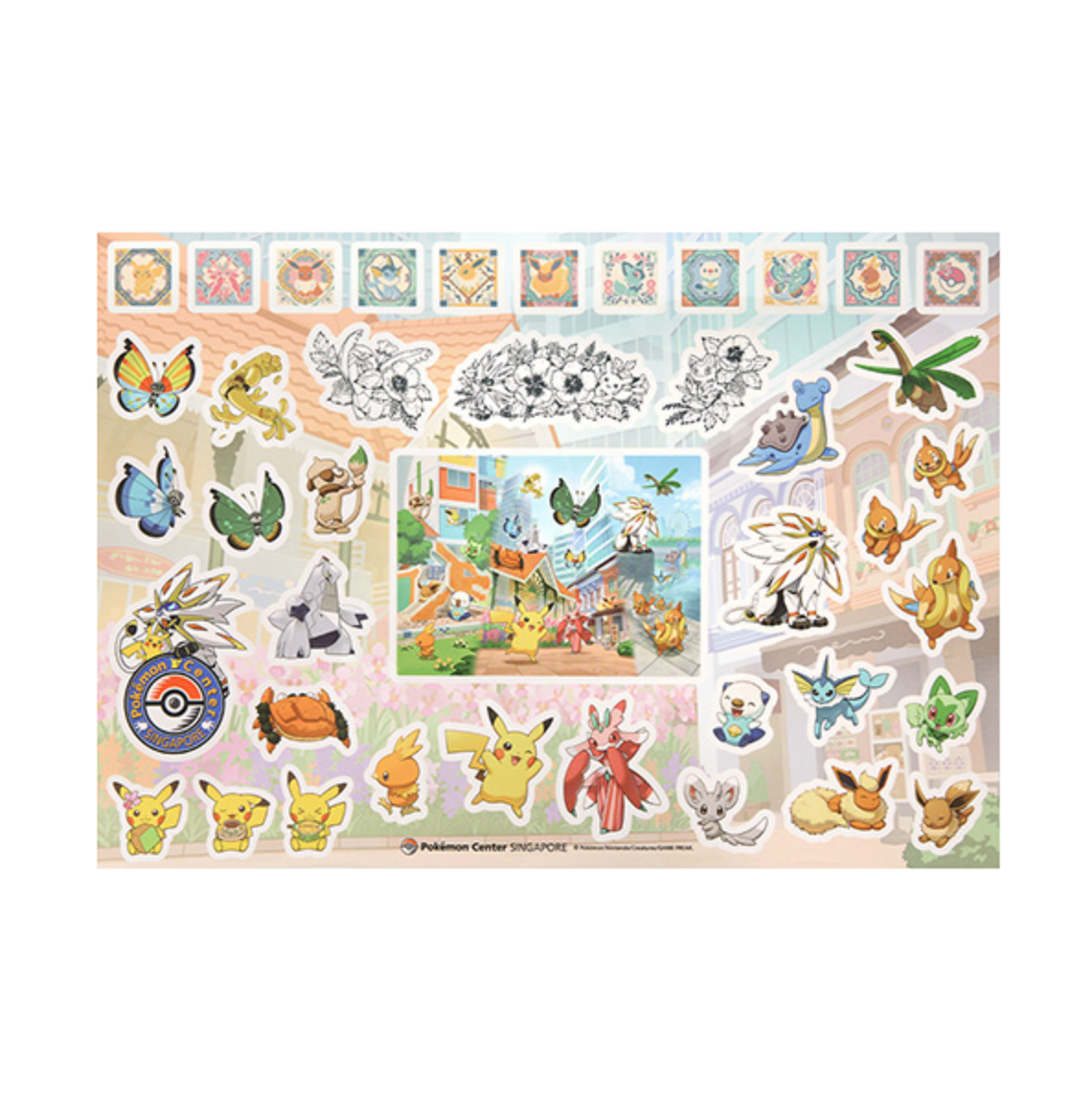 Pokémon Center Singapore collector sticker sheet featuring Pikachu, Solgaleo and Eevee