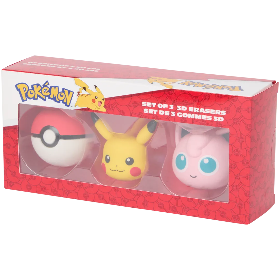 Pokémon — Coffret rouge de 3 gommes 3D : Poké Ball, Pikachu et Rondoudou
