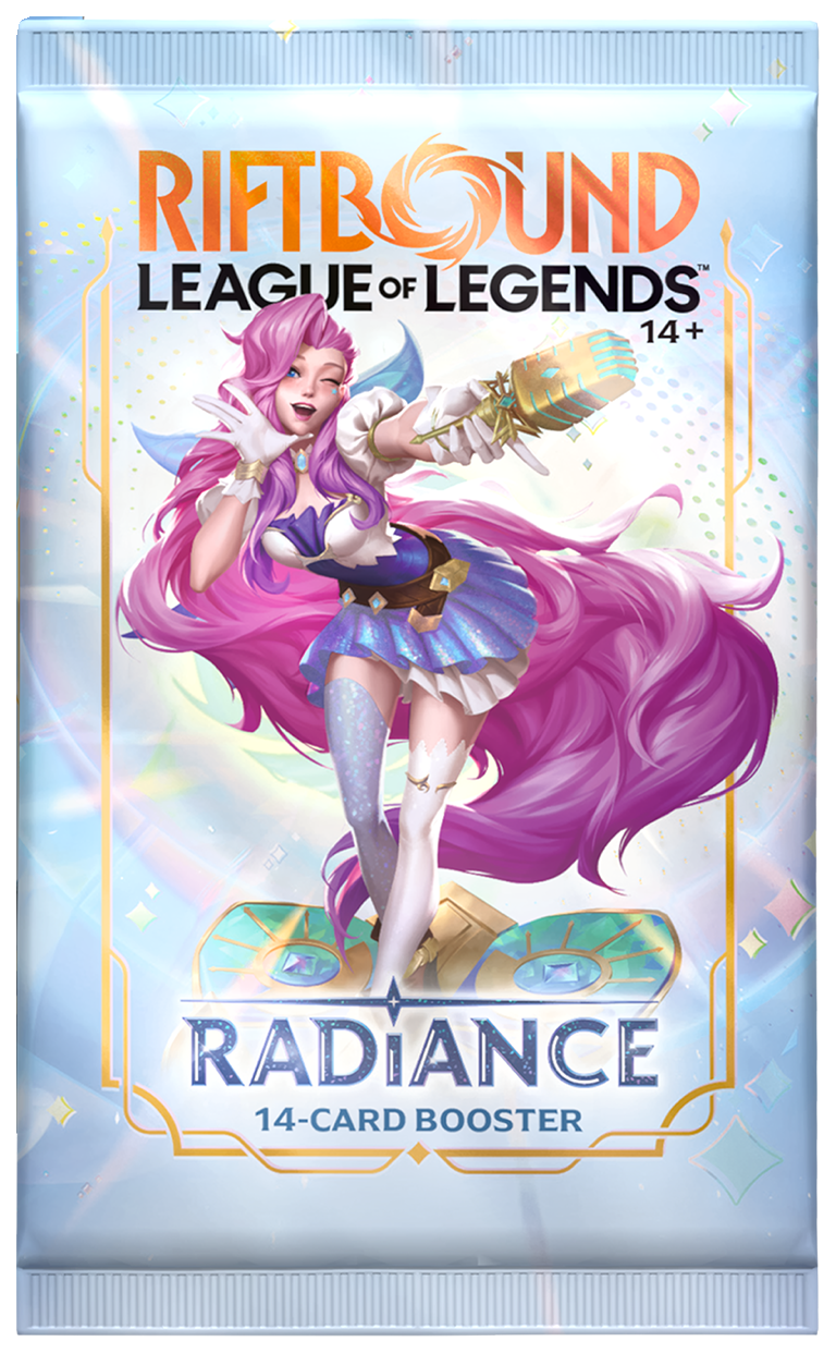 Booster Riftbound Radiance, visuel officiel Riot recadré sans déformation. Emballage illustratif anglais ; produit vendu en français.