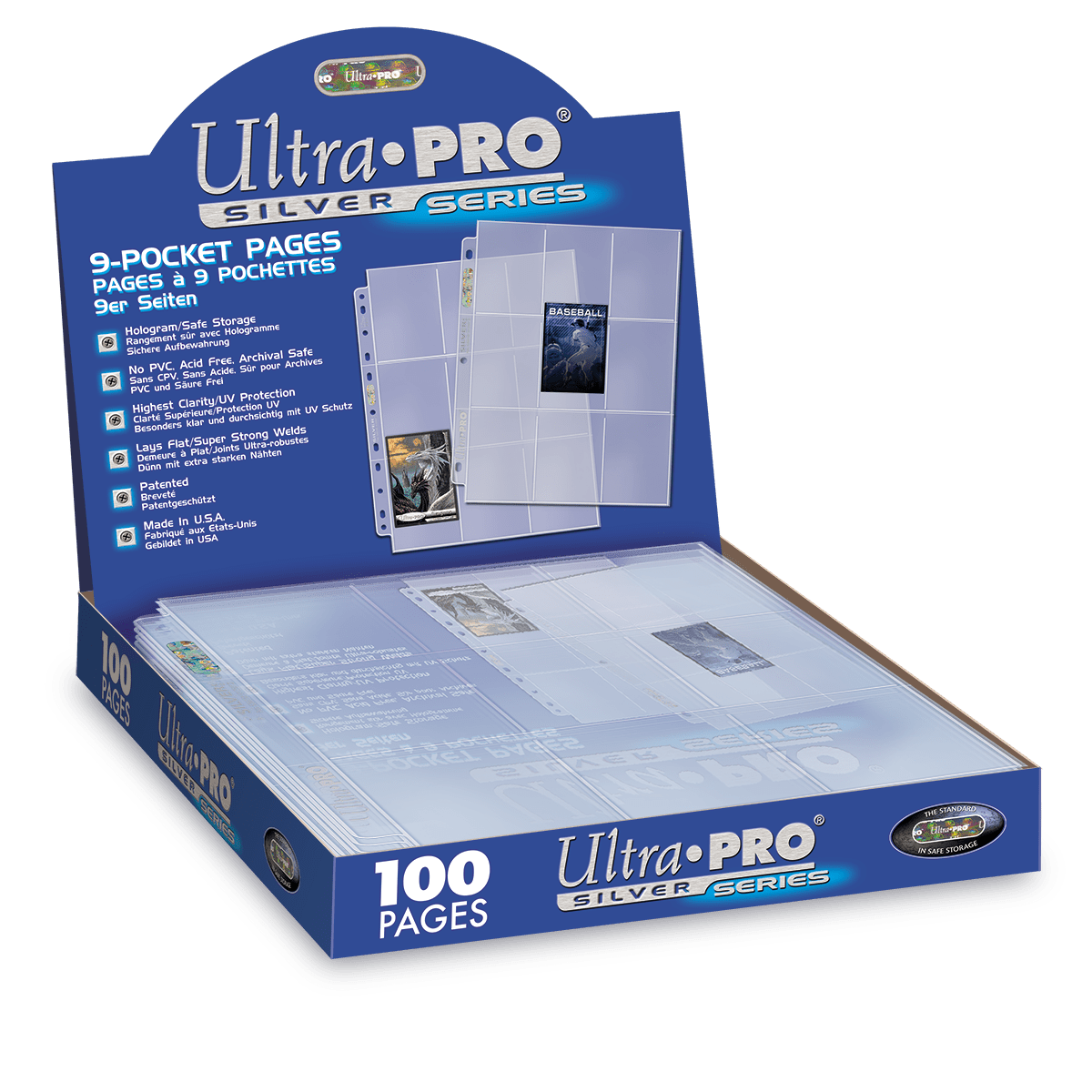 Ultra PRO Silver Series – carton bleu de 100 pages à 9 pochettes, visuel officiel sur fond transparent